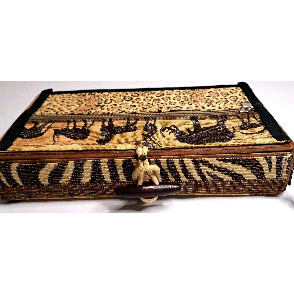 African Box Purse Jewelry Case Safari Leopard Print Hard Cover Brown 10x5.5x2